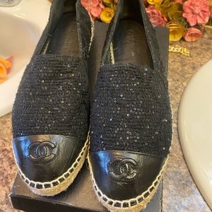 Chanel black espadrilles w/sequin & leather and tweed authentic